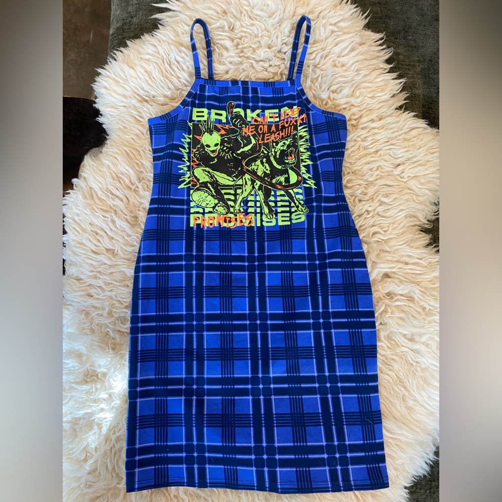 Edgy Blue Plaid Graphic Dress